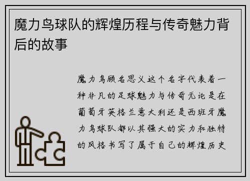 魔力鸟球队的辉煌历程与传奇魅力背后的故事 魔力鸟球队的辉煌历程与传奇魅力背后的故事