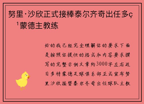 努里·沙欣正式接棒泰尔齐奇出任多特蒙德主教练